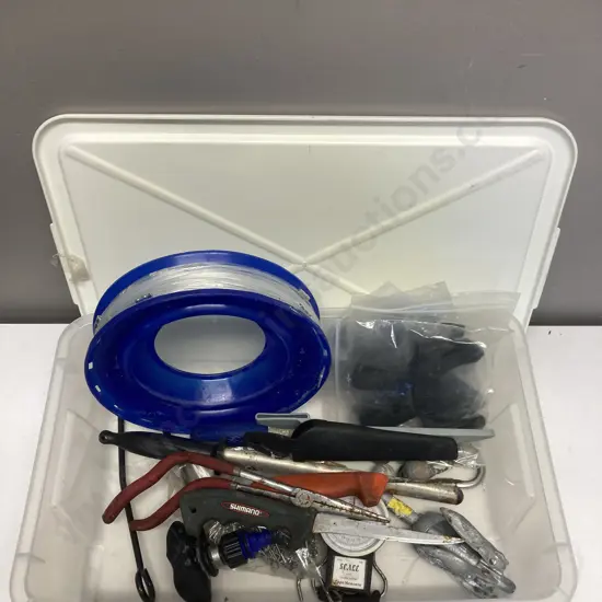 ProHunter Reel & Line, Fishing Scales, Knives Etc In Plastic Lidded Bin